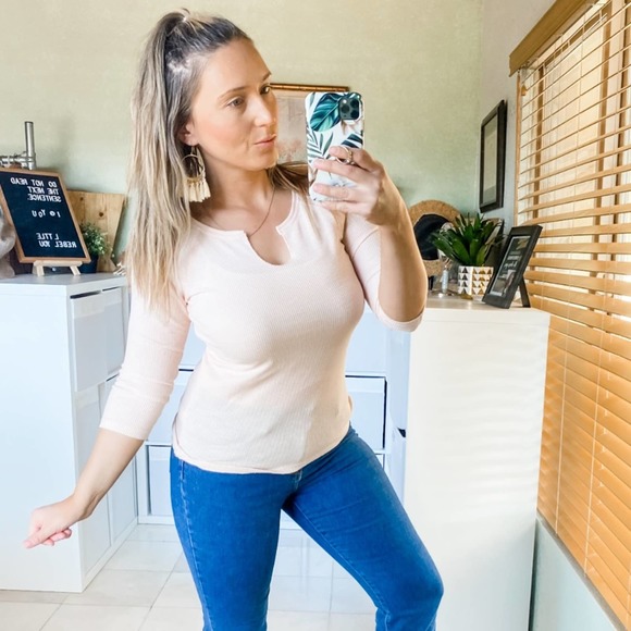 Lilla P Quarter Sleeve V-Neck Casual Thermal Top Pastel‎ Pink Extra Small - Picture 1 of 9
